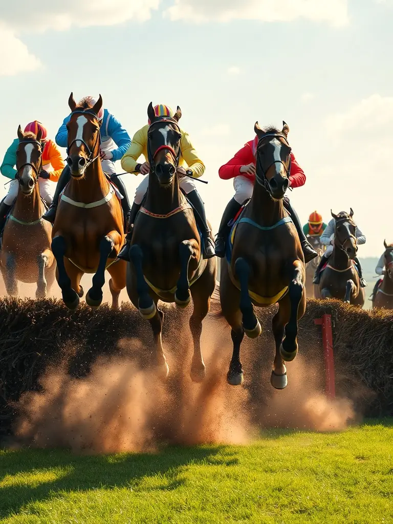 A dynamic action shot of horses and riders competing in a steeplechase race, showcasing the excitement and challenge of the sport, taken during a race organized by SOC ENCOURAGEMENT STEEPLE CHASES FRANCE.
