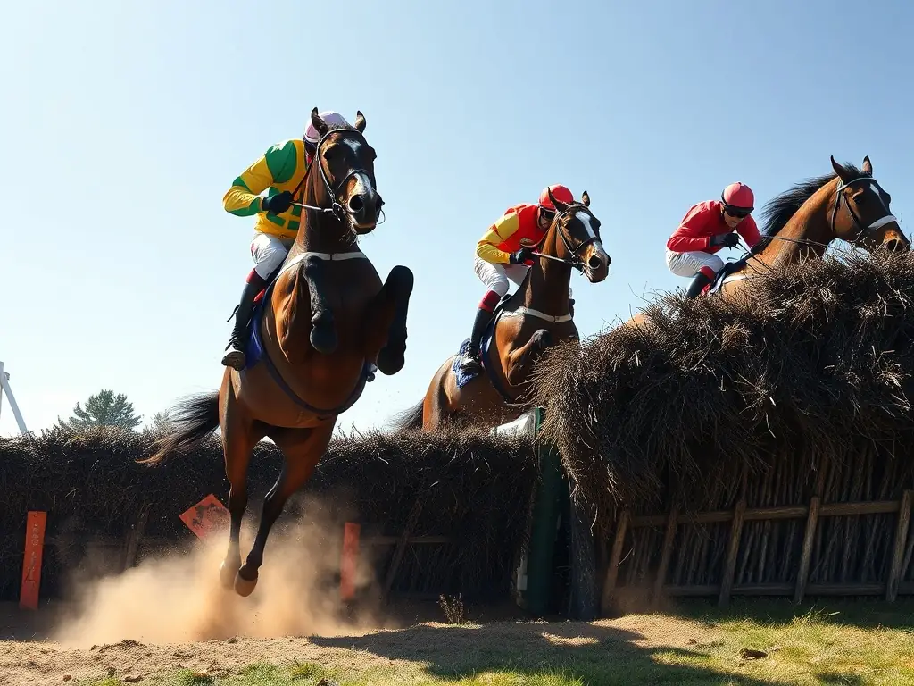 An action shot of horses jumping over hurdles during a steeplechase race, capturing the excitement and energy of the event.
