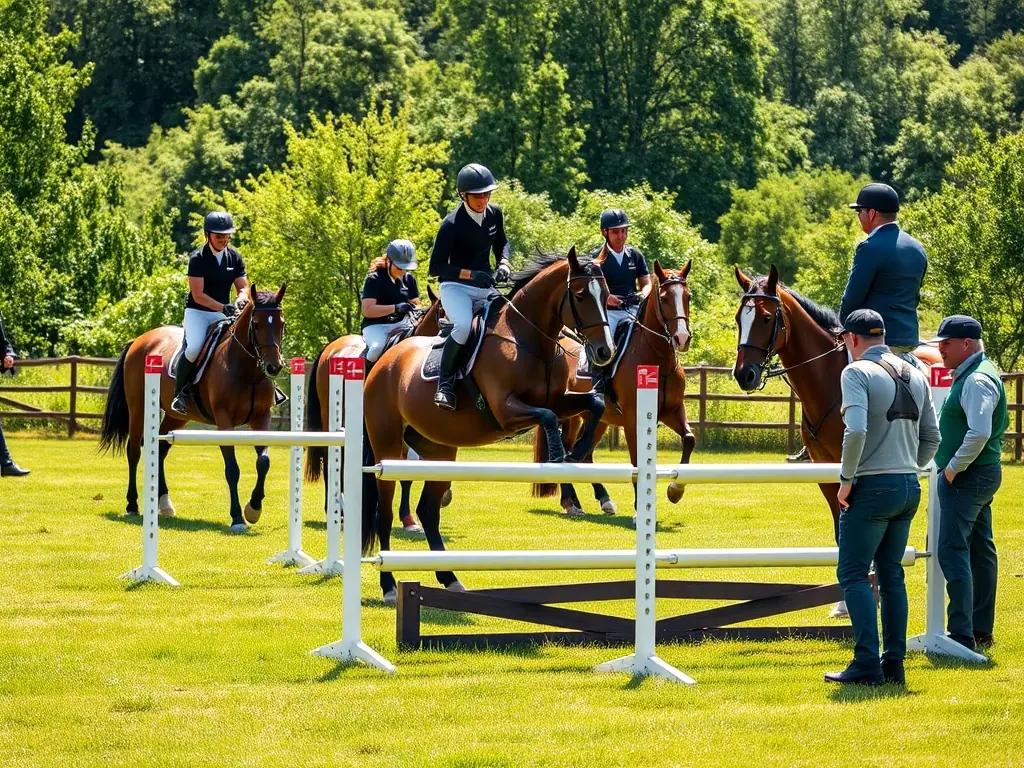 A training session with riders and horses, focusing on skill development and safety techniques, highlighting the importance of proper training in steeplechase racing.