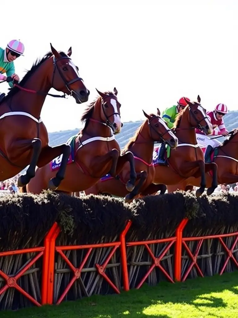 A vibrant photo capturing the excitement of a steeplechase race, with horses jumping over a hurdle and spectators cheering in the background, showcasing SOC ENCOURAGEMENT STEEPLE CHASES FRANCE's race organization activity.