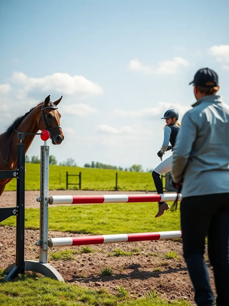 A focused image of a training session, showing a rider and horse practicing jumping techniques under the guidance of an experienced trainer, highlighting SOC ENCOURAGEMENT STEEPLE CHASES FRANCE's training programs.