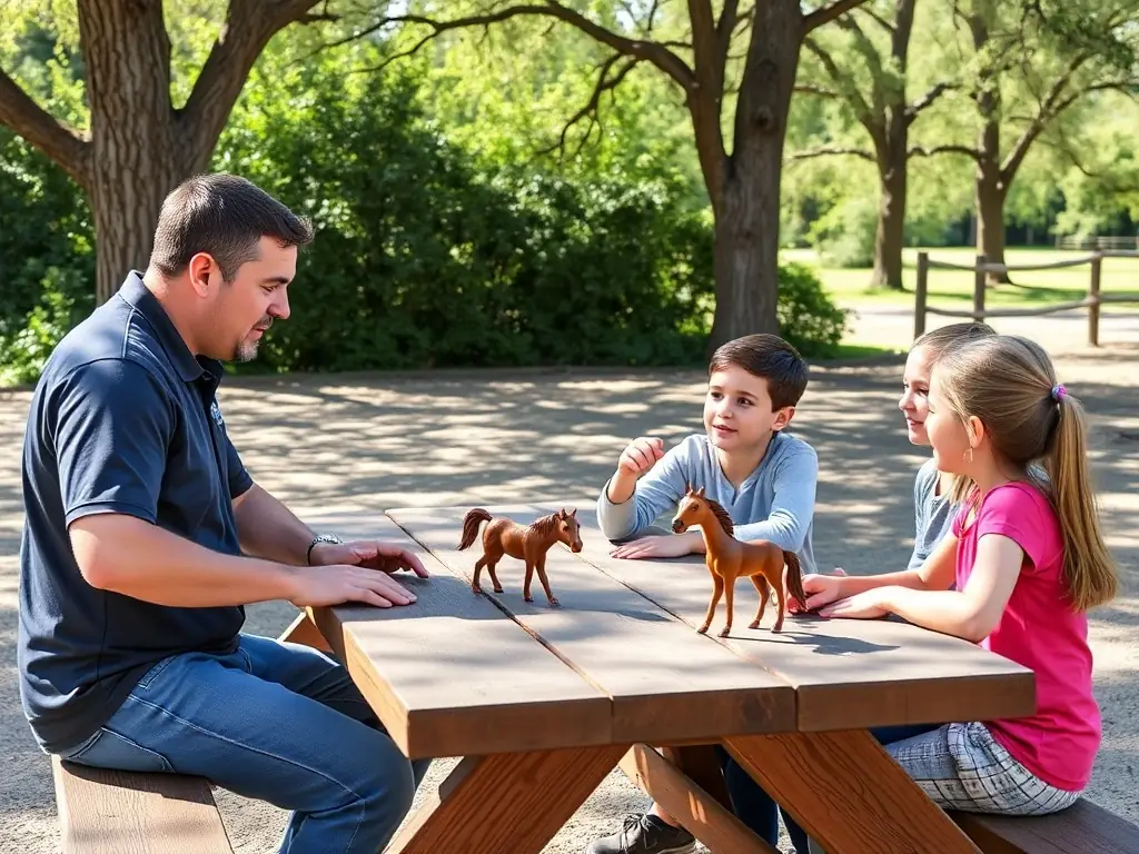 A family attending an educational workshop about equestrian safety and animal care, engaging with trainers and volunteers.