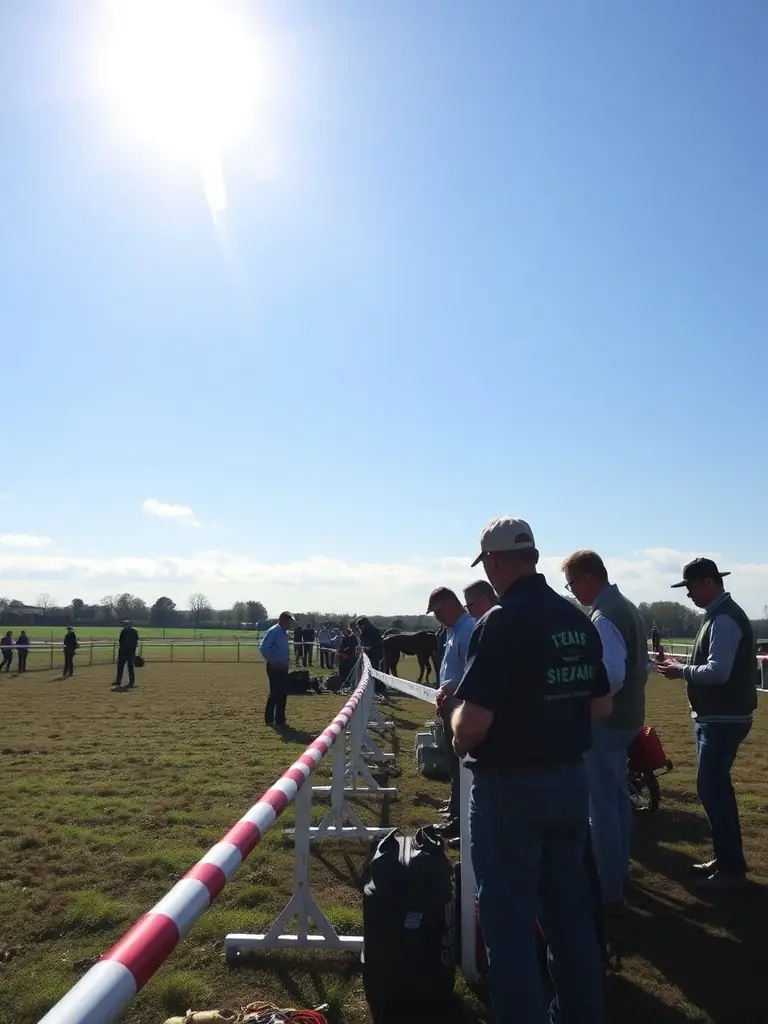 A dynamic image of volunteers preparing the racecourse, showcasing the collaborative effort behind SOC ENCOURAGEMENT STEEPLE CHASES FRANCE's activities and the importance of teamwork.