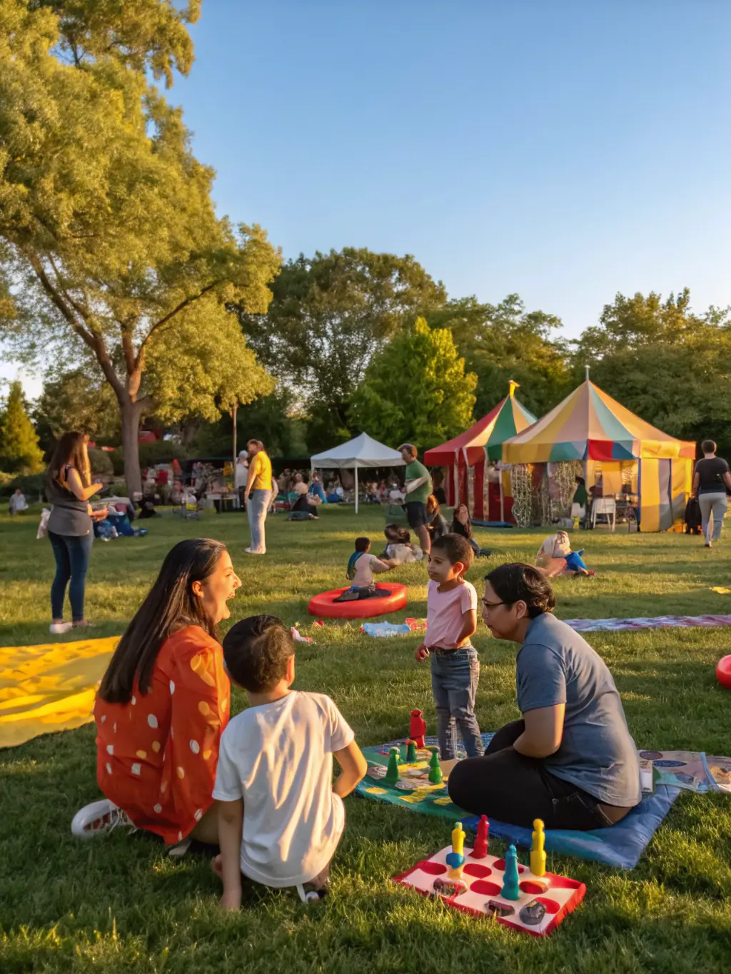 A scene from a community event hosted by SOC ENCOURAGEMENT STEEPLE CHASES FRANCE, featuring families and individuals engaging in equestrian-related activities and learning about the sport.