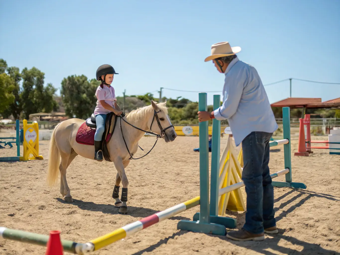 A trainer guiding a young rider through a training session on the training grounds, emphasizing mentorship and skill-building.
