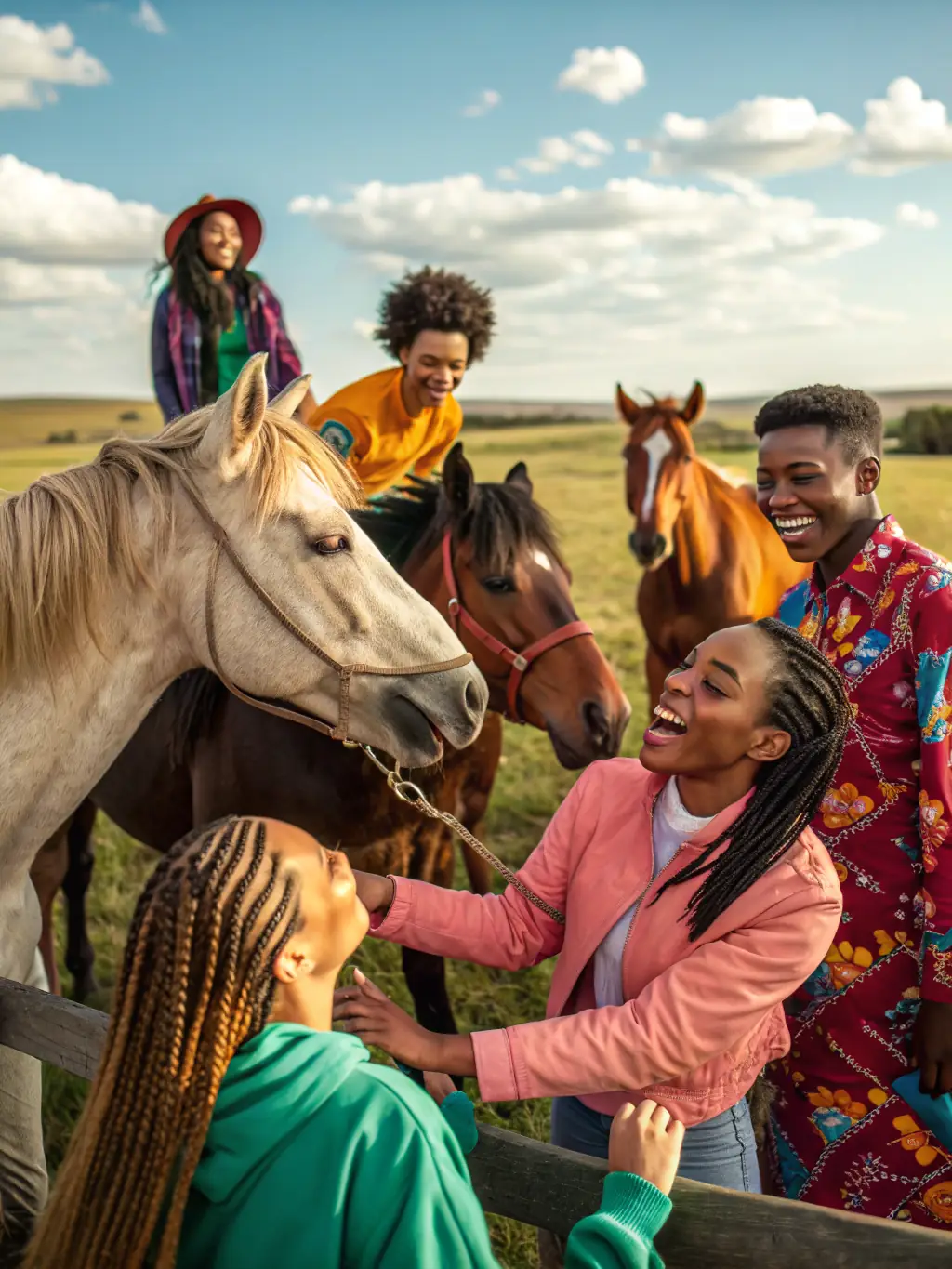 A heartwarming photo of a community event, featuring children interacting with horses and families enjoying educational activities, illustrating SOC ENCOURAGEMENT STEEPLE CHASES FRANCE's community engagement.